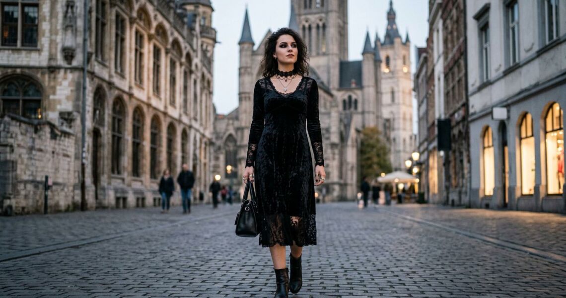 Femme adoptant un style gothique chic avec bijoux argentés, tenue noire structurée et maquillage sombre