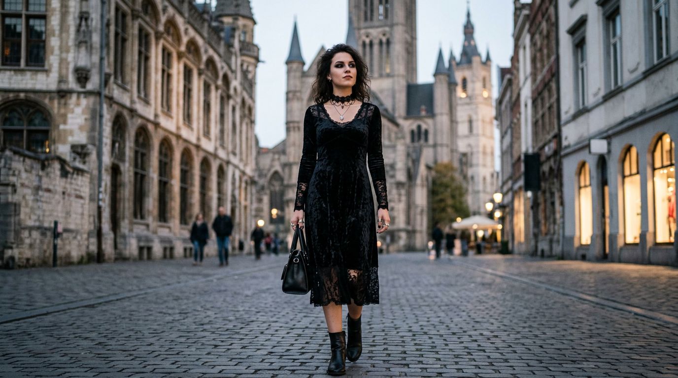 Femme adoptant un style gothique chic avec bijoux argentés, tenue noire structurée et maquillage sombre